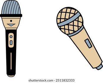 The image displays two different types of microphones commonly used in audio recording and live performances. On the left is a dynamic microphone characterized by its robust design