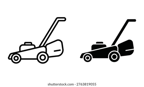 The image displays two different types of lawn mowers depicted in a simple line art style. The lawn mower on the left appears to be a push-type, requiring manual effort to move, while the one on the right is a self-propelled model, indicating it moves automatically when the cutting blades are engaged. Both icons emphasize the key features and differences between manual and self-propelled lawn mowers.