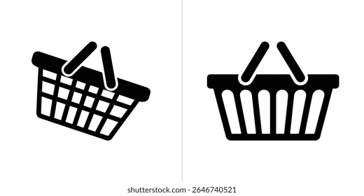 A imagem exibe dois ícones pretos distintos da cesta de compras. A esquerda tem um design de aparência tecida, enquanto a direita tem um design listrado. Tudo sobre fundo branco para simplicidade.
