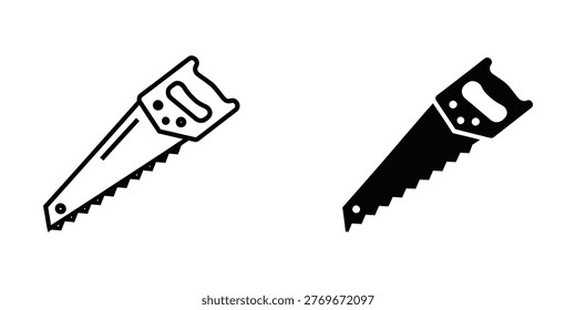 The image displays two distinct hand saws side by side. The saw on the left has a more traditional design with a hollow handle and a finer tooth pattern, suitable for detailed cutting tasks. The saw on the right features a solid handle and a coarser tooth pattern, indicating it is designed for more aggressive cutting, such as pruning or carpentry work. Both saws are depicted in a simple, black and white silhouette style.