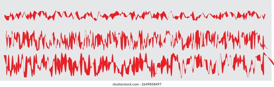 The image displays two distinct horizontal abstract patterns rendered in a vibrant red color against a plain, light gray background.