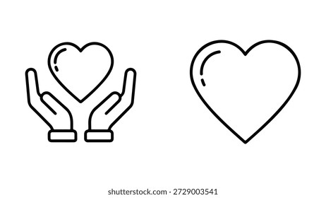 Das Bild zeigt zwei verschiedene Symbole auf weißem Hintergrund. Das linke Symbol besteht aus zwei Händen, die miteinander verbunden sind und eine Herzform über sich tragen. Das Herz hat eine subtile gepunktete Linie, die Schattierung oder Kontur anzeigt. Das rechte Symbol ist eine einfache Umrisszeichnung eines Herzens, mit einer kleinen gekrümmten Linie im Inneren, um ein Highlight oder eine Dimension vorzuschlagen. Beide Icons sind in einem klaren, minimalistischen Linien-Art-Stil gerendert.