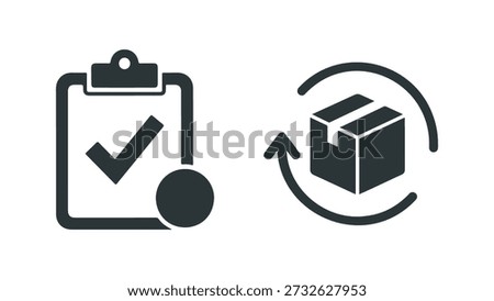 The image displays two distinct icons. On the left, a clipboard with a checkmark and a circle signifies a completed task, approval, or verification. On the right, a simple box with arrows forming a circular motion around it represents a product return, exchange, or recycling process. Both icons are rendered in a minimalist, dark gray style against a white background.