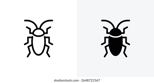 A imagem mostra dois ícones simples distintos de uma barata, um em preto sólido e o outro em branco com contornos pretos, ambos colocados contra um fundo branco claro e brilhante.