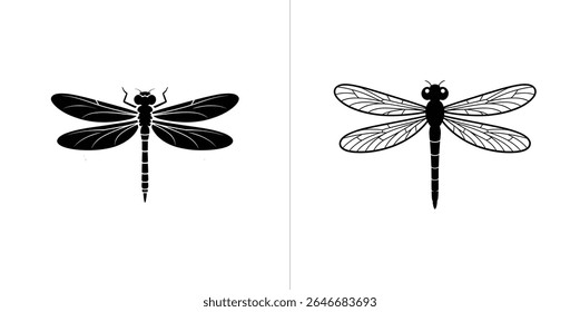 A imagem mostra duas ilustrações de libélula. Uma apresenta uma silhueta preta sólida, enquanto a outra apresenta um contorno detalhado com intrincados padrões de asa, ambos contra o branco.
