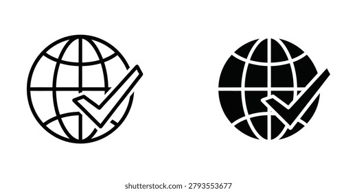 The image displays two globe icons side by side, each featuring a checkmark symbol. The globe on the left is white with black lines and a black checkmark, while the globe on the right is black with white lines and a white checkmark. These icons likely symbolize global approval, validation, or acceptance.