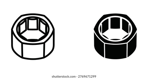 The image displays two hex nuts side by side, one with a hollow interior and open top, and the other with a solid, filled interior and a closed top. These types of nuts are commonly used in mechanical and structural assemblies to fasten components together using bolts or screws. The left nut has a smooth, open design, while the right nut is filled, potentially indicating it is a jam nut or a similar variant used for added security or specific applications.