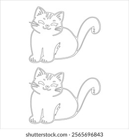 The image displays two identical black-and-white outline drawings of a cute sitting cat. The cats have curved tails, small triangular ears, and smiling expressions. 