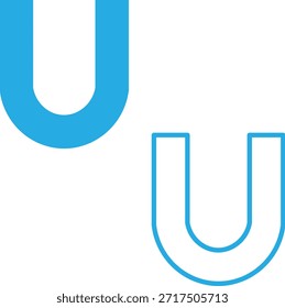A imagem mostra formas de 'u' com duas letras. Um 'u' é um azul sólido e vibrante, enquanto o outro é uma forma azul com contorno. Ambos estão posicionados contra um fundo branco e limpo, criando uma estética minimalista.