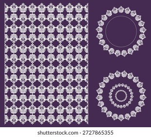 A imagem exibe dois elementos principais de design. À esquerda está um padrão floral ou geométrico branco intrincado e repetitivo sobre um fundo roxo escuro. À direita estão várias armações redondas, possivelmente feitas de contas ou diamantes. Esses quadros variam em tamanho e são organizados em círculos únicos e concêntricos. Os elementos podem ser usados para a confecção de joias ou projetos de artesanato. 