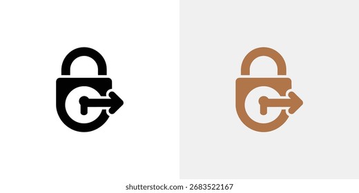Das Bild zeigt zwei Vorhängeschloss-Symbole, eines in Schwarz und eines in Braun, jedes mit einem Pfeil, der den Entriegelungsvorgang andeutet, auf hellem Hintergrund.