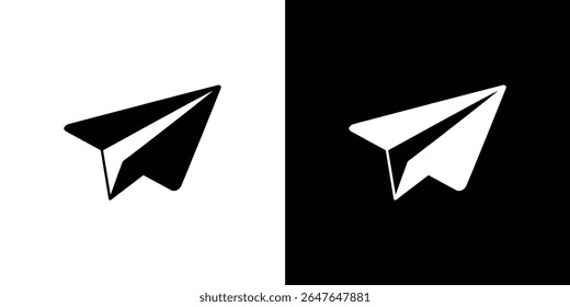A imagem exibe dois ícones de avião de papel, um preto sobre um fundo branco e o outro branco sobre um fundo preto, criando um efeito visualmente balanceado e contrastante.