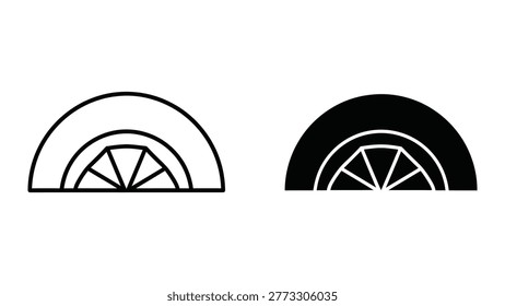 The image displays two semicircles side-by-side, each containing a segmented circle divided into triangular sections. The semicircle on the left is unfilled, while the one on the right is filled with a solid black color. Both semicircles appear to share identical internal triangular patterns.