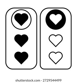 Das Bild zeigt zwei Smartphone-Bildschirme, von denen jeder eine Reihe von Herzsymbolen zeigt. Der linke Bildschirm hat drei gefüllte Herzsymbole, während der rechte Bildschirm drei umrissene Herzsymbole enthält. Die Herzen sind vertikal auf jedem Bildschirm angeordnet.
