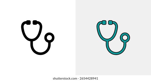 A imagem exibe dois ícones de estetoscópio, um em preto simples e outro delineado em azul-petróleo, contra um fundo cinza. Os símbolos são sugestivos de diagnóstico médico e saúde geral.
