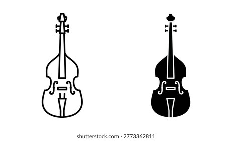 The image displays two string instruments depicted in silhouette form. The instrument on the left is a violin, characterized by its smaller size, four strings, and distinct f-hole shape. The instrument on the right is a cello, identifiable by its larger body, similar f-hole design, and longer neck. Both instruments are shown in a minimalist black and white contrast.