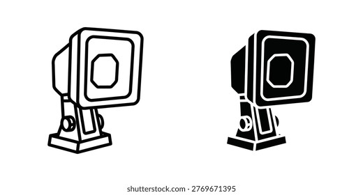 The image displays two stylized security floodlights mounted on stands. The floodlight on the left has a white body with a circular lens and a rounded base, while the floodlight on the right features a black body with a similar lens and base design, emphasizing the contrast in their appearances. Both are depicted in a simple, monochromatic line drawing style.