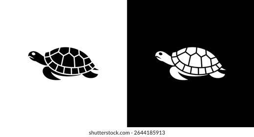 A imagem mostra dois ícones de tartaruga com cores contrastantes. A tartaruga à esquerda é preta sobre branca e a tartaruga à direita é branca sobre preta. 164 caracteres.