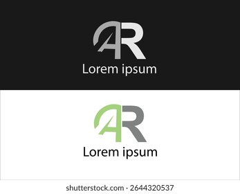 The image displays two variations of a logo design featuring the letters AR The first version shows the letters in shades of gray against a black background 