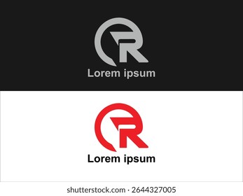 The image displays two variations of a logo design featuring the letter R The first variation shows a grey letter R inside a grey circle on a black background.