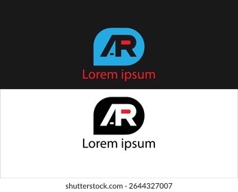 The image displays two variations of a logo design The first shows a logo with black and red letters AR on a light blue rounded background against a black background.