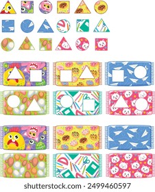 The image displays various cartoon-like figures. There are triangles, stars, and squares with faces in the top two rows. The bottom row has various candies, a fishbowl with a fish inside, and a three-