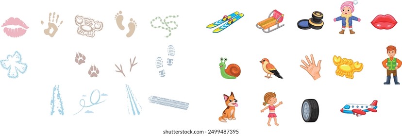 The image displays various cartoon-like figures. There are lip prints, different animal tracks, winter items such as skis and sled, a snail, bird, children and a plane. 