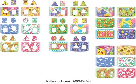 The image displays various colorful patterns of geometric shapes such as triangles, squares, and circles in different colors, sizes, and orientations. Additionally, there are playful images of dinosau