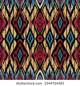 The image displays a vibrant geometric pattern with a strong tribal art influence. Diamond shapes are prominent, arranged in a symmetrical pattern with intricate details and contrasting colors. 