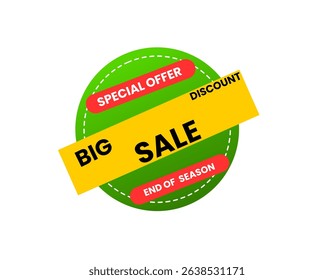 The image displays a vibrant green circular "Big Sale" label with a dashed border, featuring a yellow diagonal banner with "BIG SALE" in black text, and smaller red banners stating "SPECIAL OFFER," .