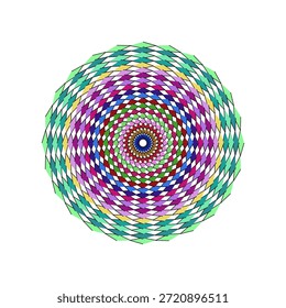 A imagem exibe um padrão geométrico visualmente impressionante caracterizado por uma matriz vibrante de cores e um design intrincado. Possui um arranjo circular que espirala para fora a partir de um ponto central, composto de numerosos pequenos segmentos em forma de diamante ou rombos. Cada anel ou camada concêntrica dentro da espiral apresenta uma cor diferente, incluindo tons de verde, amarelo, rosa, roxo, azul, vermelho e marrom, criando um efeito óptico dinâmico e hipnotizante. O alinhamento preciso e a repetição dessas formas coloridas contribuem para uma sensação de profundidade e movimento, atraindo o olho do espectador para o centro. A composição geral é abstrata e altamente decorativa, evocando uma sensação de simetria e ordem complexa.