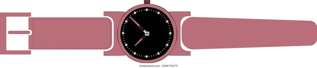 La Imagen muestra un reloj con una cara negra con agujas rosas y blancas. El reloj tiene un diseño uniforme con una correa rosa apagada, bisel y caja. La combinación de colores le da un aspecto hermoso.