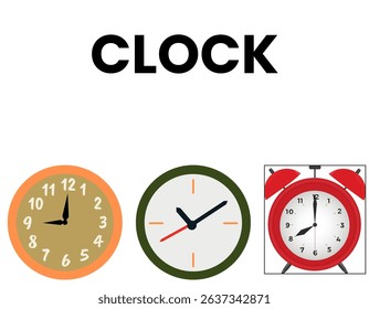 The image displays the word "CLOCK" at the top, accompanied by three different illustrations of clocks below it, including an alarm clock.