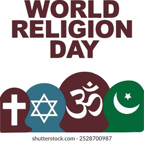 La Imagen muestra el "Día Mundial de la Religión" con símbolos de las principales religiones: cristianismo (cruz), judaísmo (Estrella de David), hinduismo (Om) e Islam (luna creciente y estrella), enfatizando la unidad y la paz.