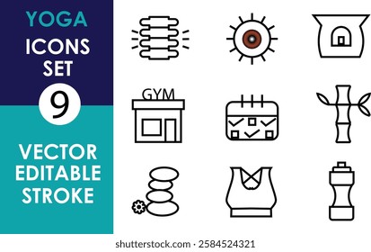 The image displays a yoga icon set with nine vector-based, editable stroke icons, including a gym, water bottle, eye, stacked stones, bamboo, calendar, and more