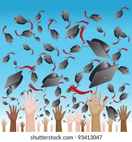 An image of a diversity graduation day cap tossing ceremony.