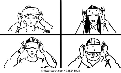 The image is divided into four parts with four people putting on virtual reality headset glasses. Family of gamers. Black and white vector sketch. Simple drawing at white background.
