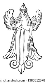An image of the divinity whom the Phoenicians worshipped as Astarte, or the goddess associated with fertility, sexuality, and war, vintage line drawing or engraving illustration.