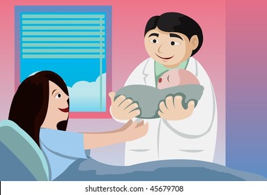 An image of a doctor holding out a newborn baby to the mother