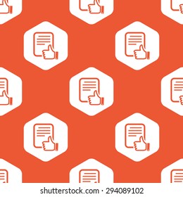 Image of document page with like symbol in white hexagon, repeated on orange background