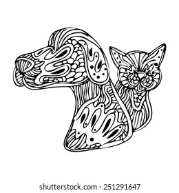 Imagen de un perro y un gato - estilo zentangle.