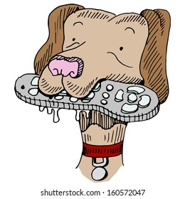 An image of a dog chewing a remote control.