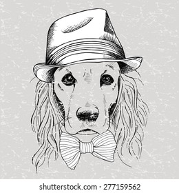 The image of the dog Cocker Spaniel with a bow and in a hat. Vector illustration.