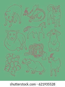 image of a dog, dragon, goat, horse, pig, rabbit, rat, sheep,  snake, tiger- suitable for a child's coloring, and not only. For your convenience, each significant element is in a separate layer. eps10