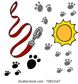 An image of a dog leash and paw prints.