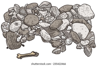 The image of the dog from sea stones. Dog standing over a bone with his tongue hanging out
