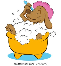 An image of a dog taking a bubble bath.