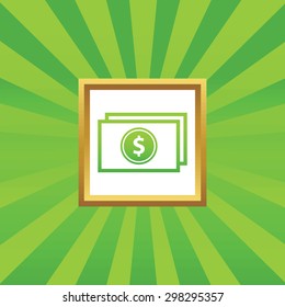 Image of dollar banknote in golden frame, on green abstract background