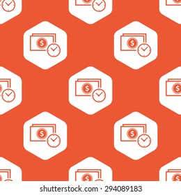 Image of dollar bill and clock in white hexagon, repeated on orange background