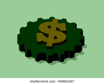 image of the dollar gears on a green background, isometrics.